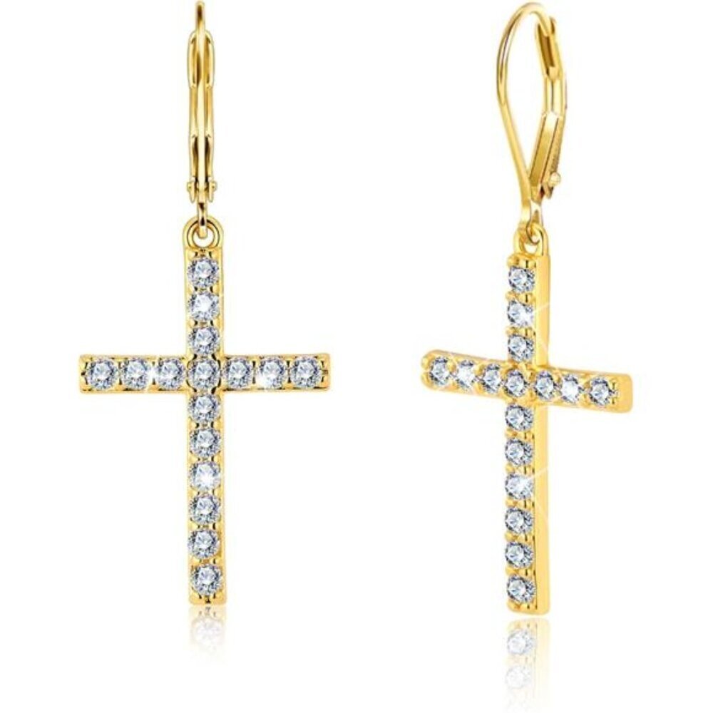 925 Sterling Silver Cross Dangle Earrings for Women 14K Gold Plated Dainty